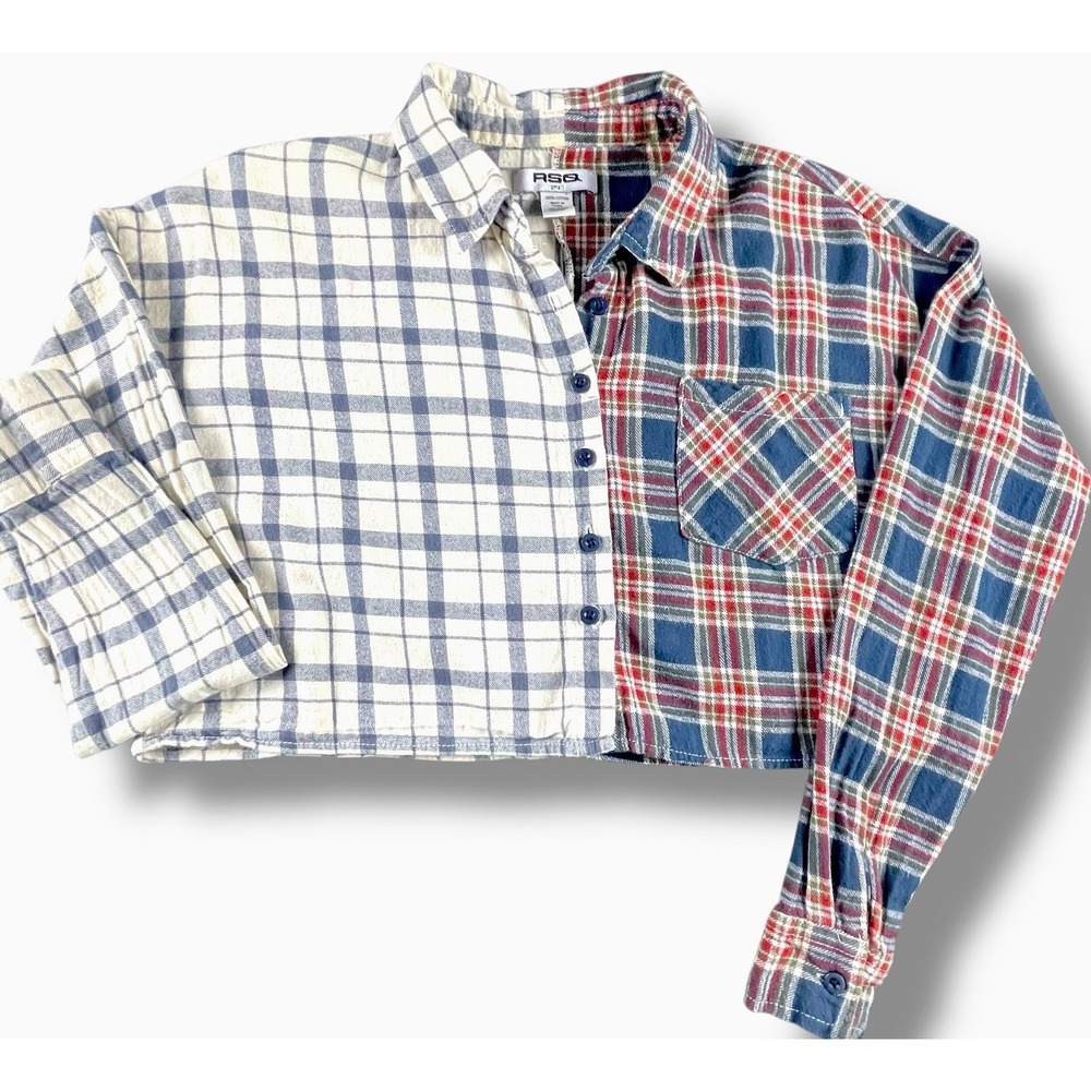 RSQ Plaid Cropped Shirt Womens Small Patchwork Button Front Long Sleeve Stylish